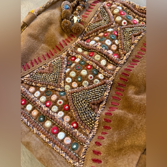 Free People Handbags - 00’s Free People Suede Beaded Patchwork Braid Indie Bohemian Strap Purse UEC